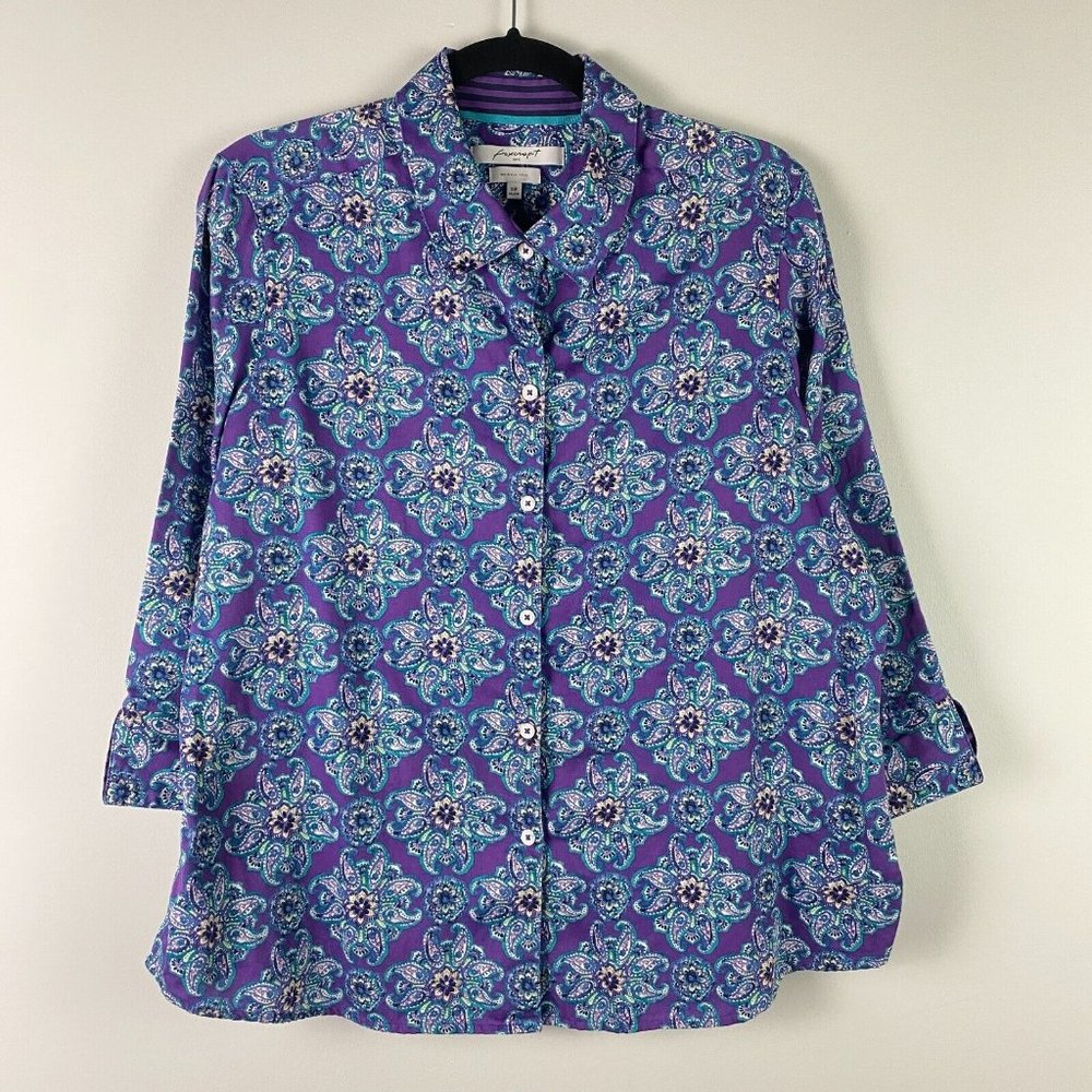 Foxcroft Wrinkle Free Shaped Fit Button Shirt 16P Blue Floral Paisley 3/4 Sleeve